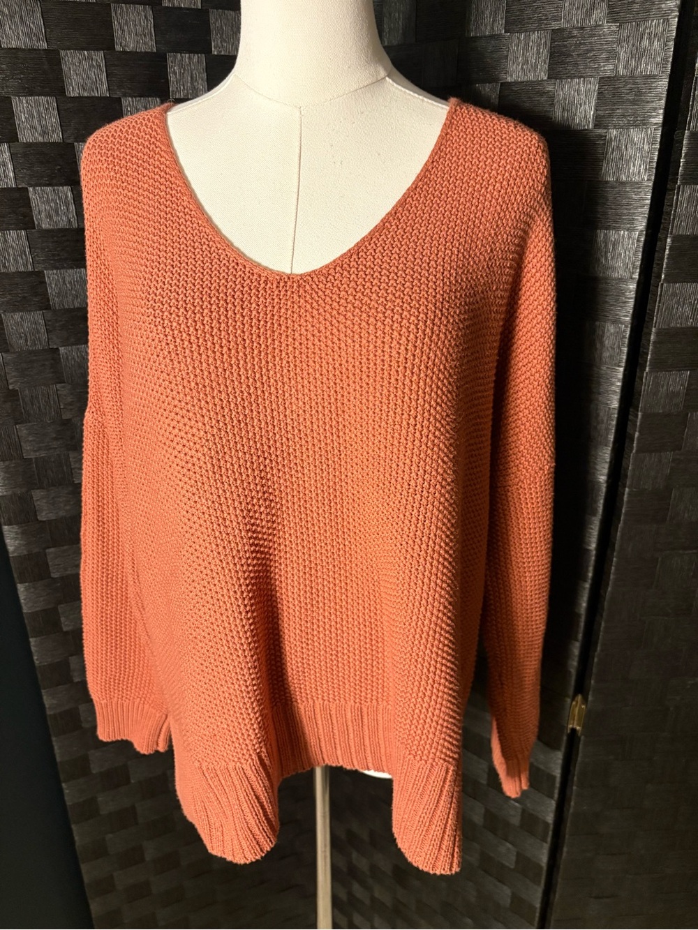 Lucky Brand Boho Coral Terracotta Oversized Garter Stitch V Neck Sweater